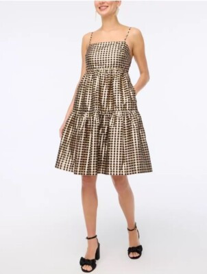 J. Crew NWT 10 Dress Tiered Black Gold Metallic Check Gingham  | eBay | eBay US