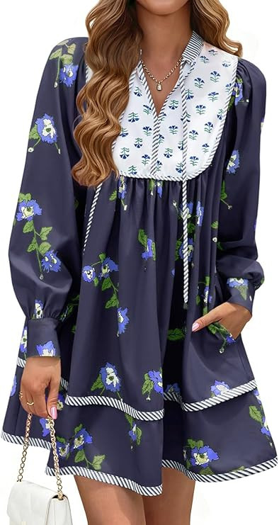 Womens Floral Mini Dress V Neck Long Sleeve Patchwork Loose Babydoll Boho Flowy Short Shift Shirt... | Amazon (US)
