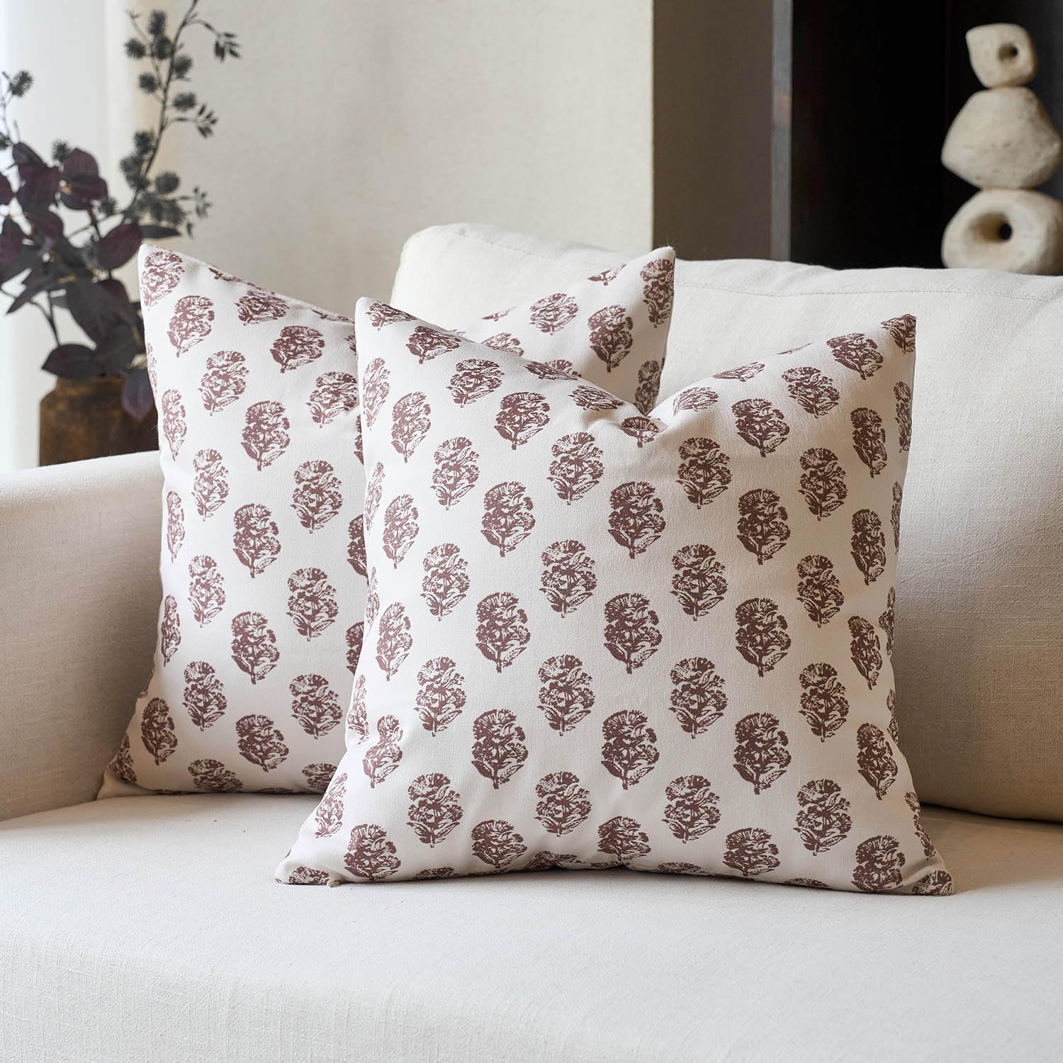 DOMVITUS Set of 2 Floral Pillow Covers 18x18, Block Print Pillow Covers Vintage Neutral Decorativ... | Amazon (US)