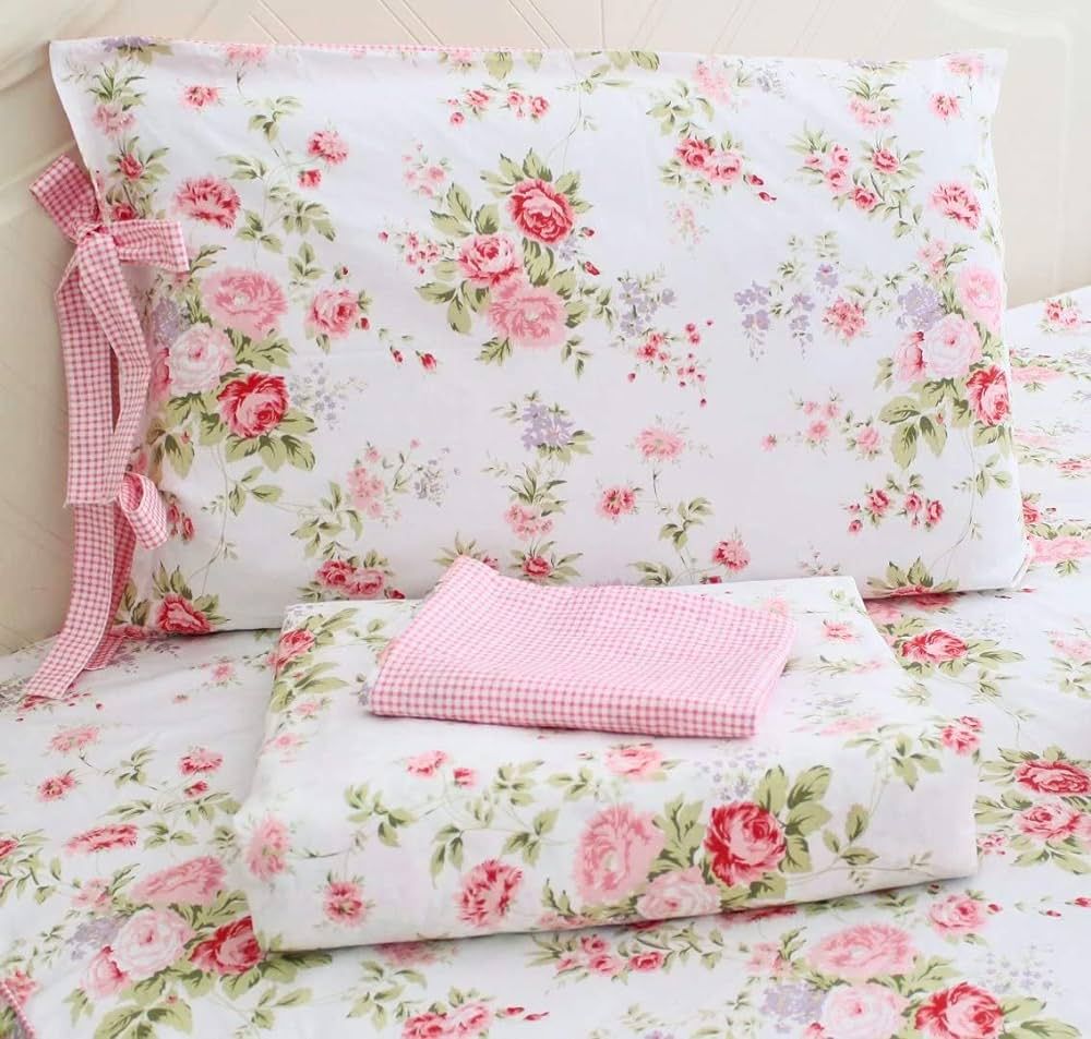 Usning Pink Floral Bedding Sheet, Set Extra Soft 100% Cotton Sheet Set, Antique Rose Printed Bed ... | Amazon (US)