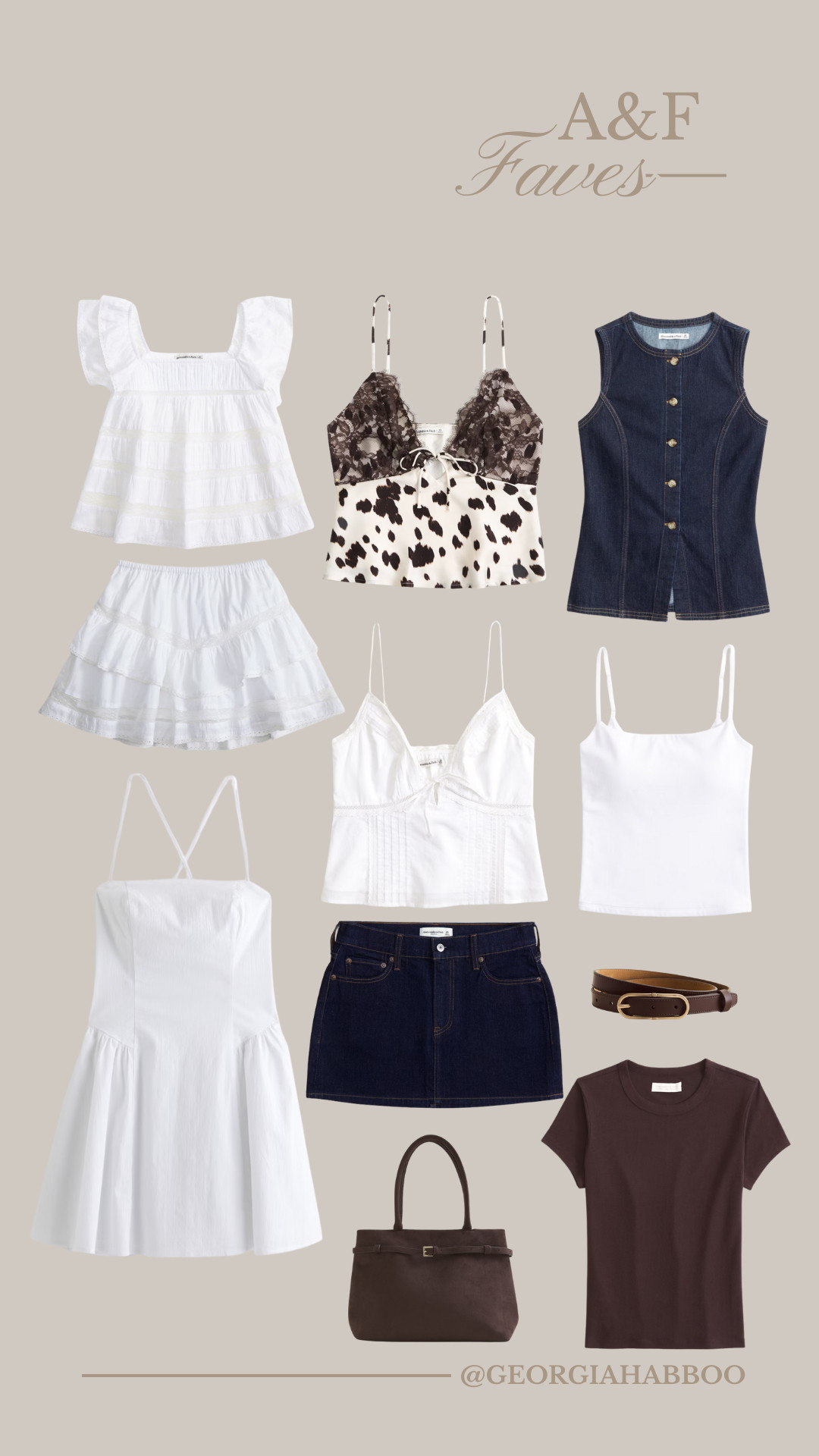 A&F, Abercrombie & Fitch, Sale, Brown T-Shirt, Mini Skirt, Denim Skirt, White Top, Ruffled Top, Ruffled Skirt, Cow Print, Jean Waistcoat, Belt, Handbag 

 #LTKuk #LTKsummer #LTKautumn