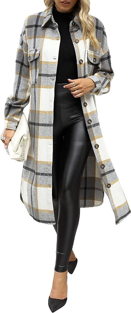 Uaneo Womens Casual Plaid Button Down Long Puff Sleeve Long Trench Coats Shackets | Amazon (US)
