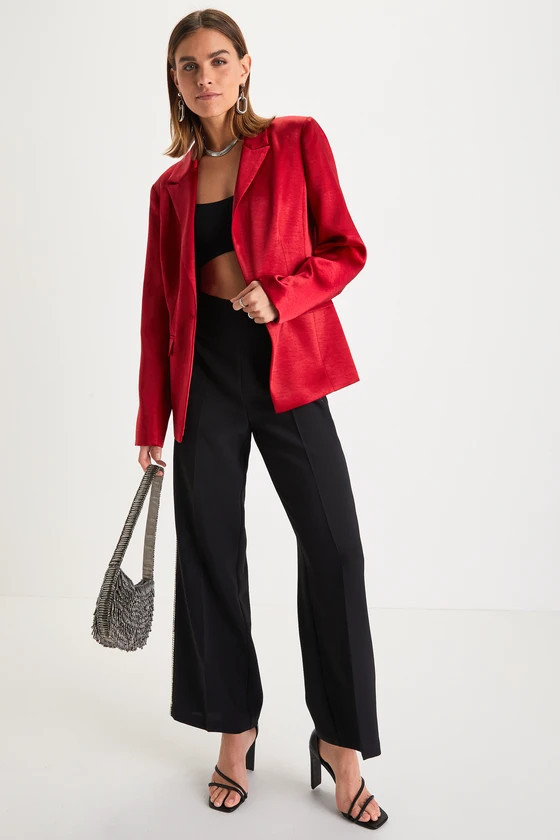 Sleek Vision Red Satin Button-Front Blazer Red Jacket Outfit Black Pants Outfit Black Pant Set | Lulus (US)