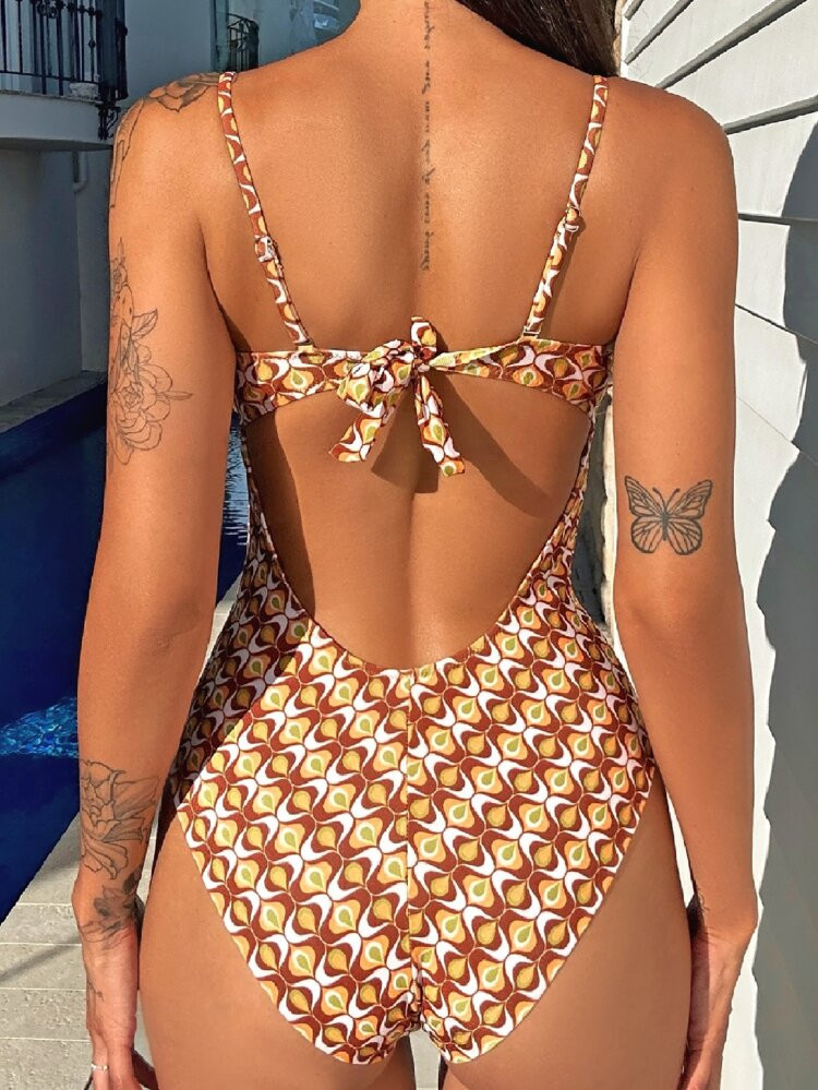 Allover Print Cut Out Tied Backless One Piece Swimsuit | SHEIN