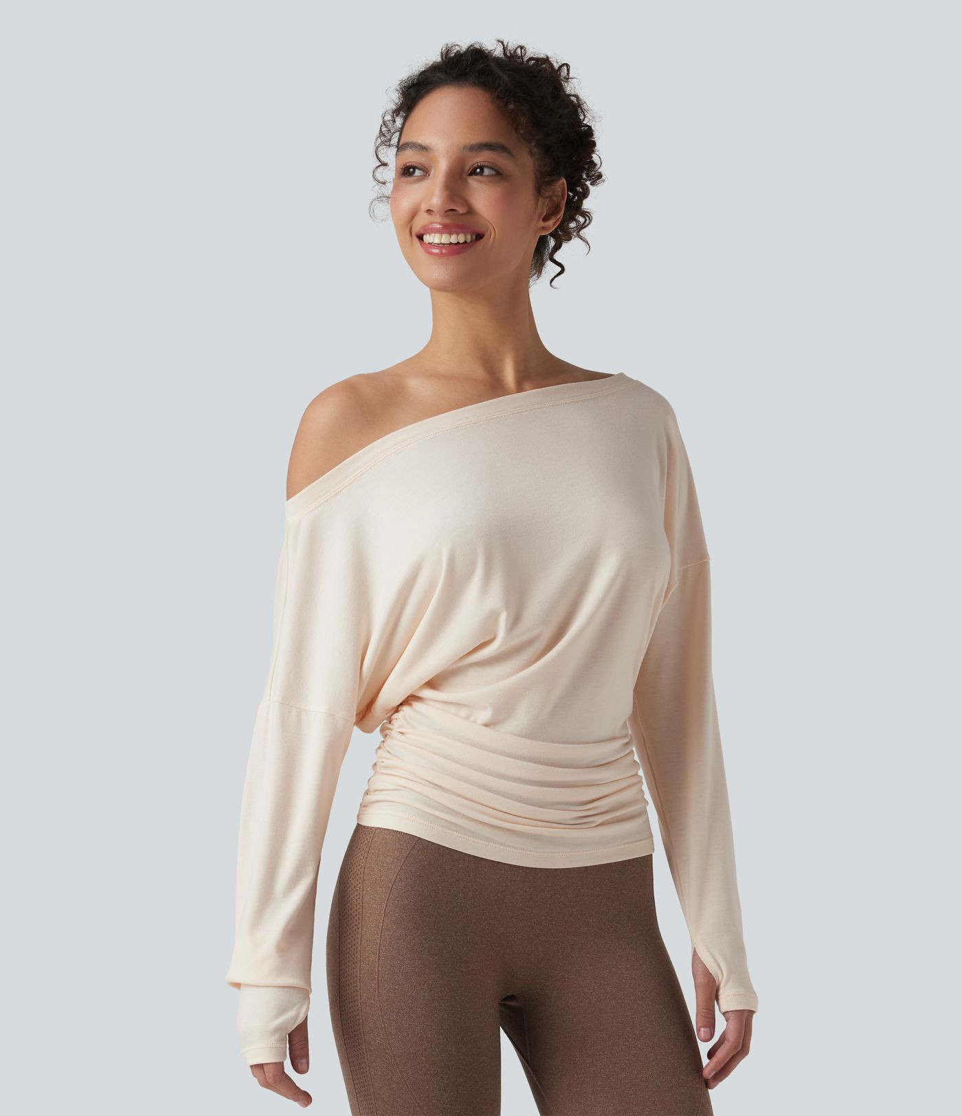 Women’s One Shoulder Long Sleeve Thumb Hole Ruched Yoga Sports Top - Halara | HALARA