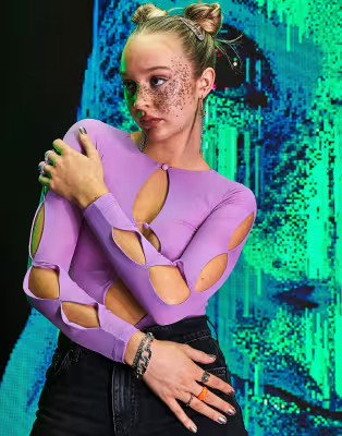 ASOS DESIGN cut out long sleeve mesh bodysuit in purple | ASOS | ASOS (Global)