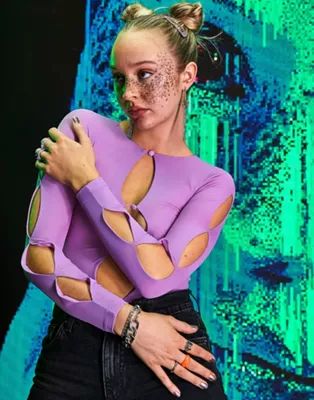 ASOS DESIGN cut out long sleeve mesh bodysuit in purple | ASOS | ASOS (Global)