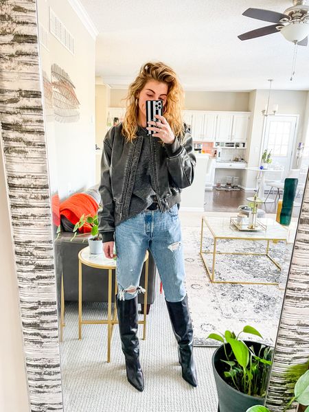 2024 trends in winter rotation: a distressed (faux) leather bomber jacket and tall boots tucked into straight leg jeans  

#LTKMostLoved #LTKstyletip #LTKshoecrush