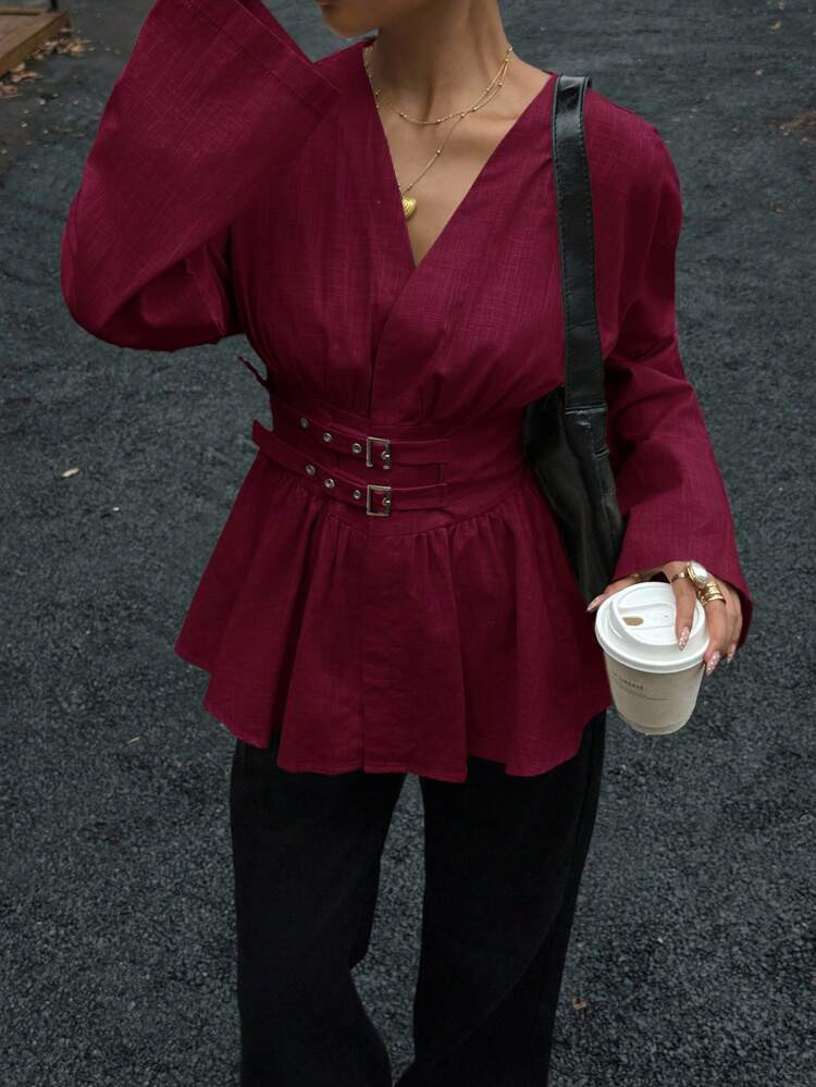 Siren Gaze Double-Breasted, Double-Cinched Waist Waist Cinching Long Sleeve Shirt, Soft & Skin-Friendly, Suitable For Work Or Vacation,Red Top | SHEIN