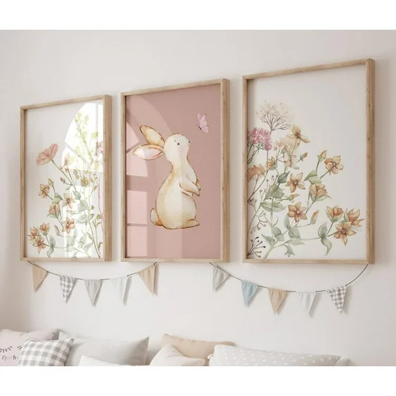 3 Pieces Floral Canvas Art Print Wildflower Bunny Nursery Wall Art Painting for Girls Room Nurser... | Walmart (US)