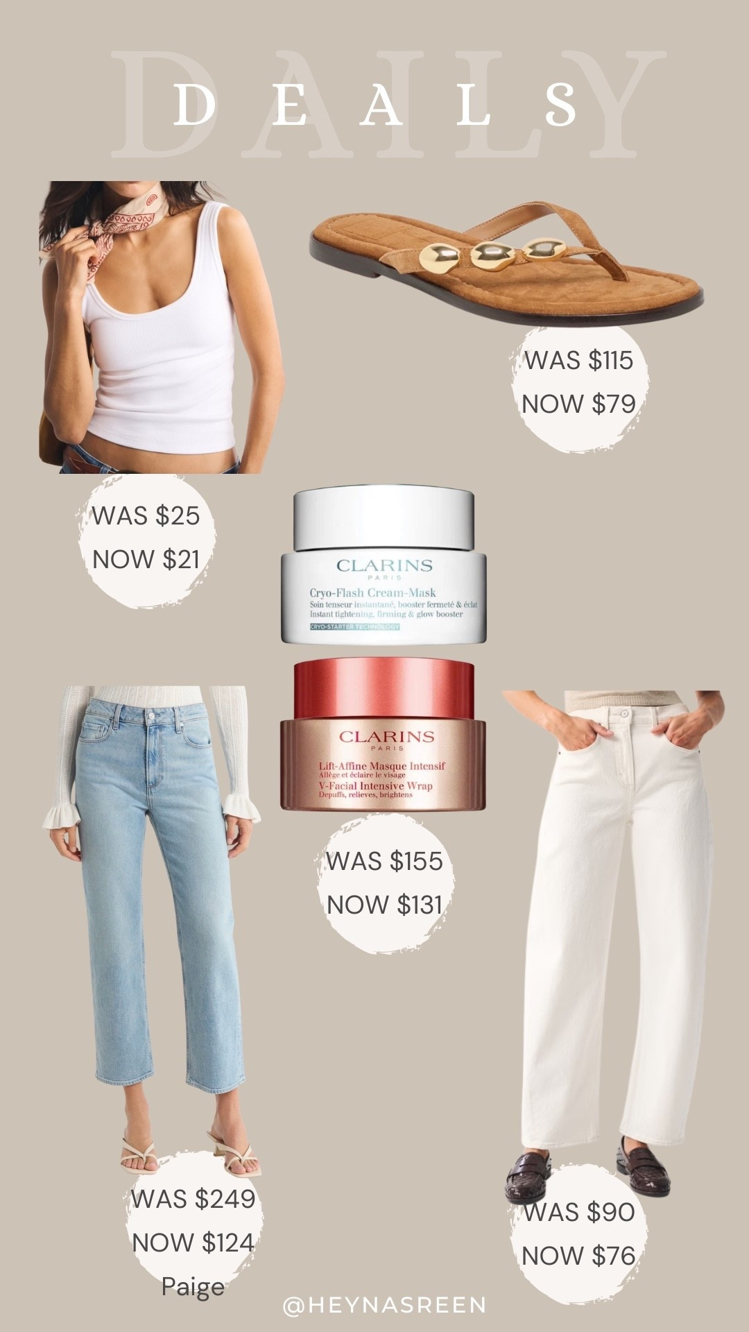 Daily deals on Abercrombie tank, Dolce Vita flip flops, Clarins mask duo, Abercrombie jeans, Paige jeans