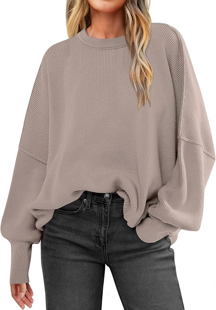 ANRABESS Women Crewneck Batwing Long Sleeve 2024 Fall Oversized Side Slit Ribbed Knit Pullover Sw... | Amazon (US)