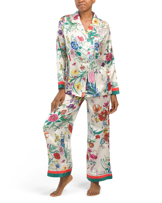 Satin Floral Notch Pajama Set With Contrast Trim Detail | TJ Maxx