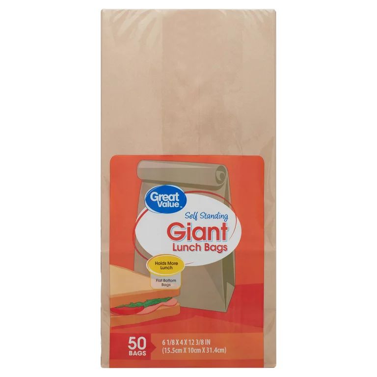 Great Value Kraft/Brown Self Standing, Multi-Functional, Fold Top Closure Giant Lunch Bags, 50 Co... | Walmart (US)
