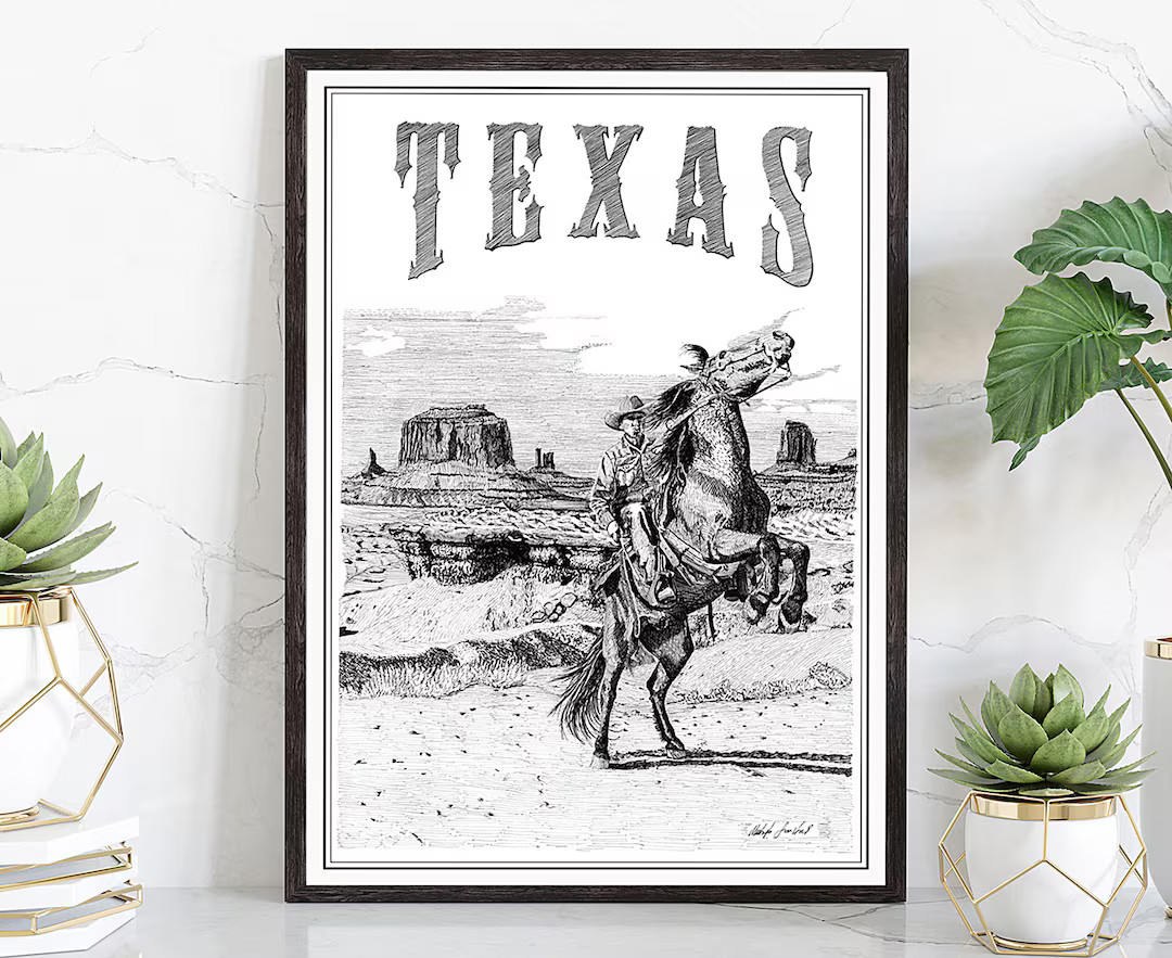 Hand made Retro Style Travel Poster, Texas Vintage Rustic Poster, Gravure Technique Paint, Callig... | Etsy (US)