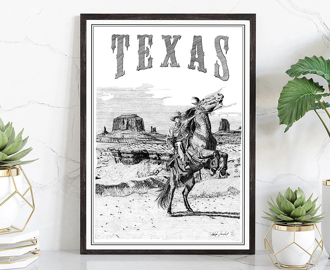 Hand made Retro Style Travel Poster, Texas Vintage Rustic Poster, Gravure Technique Paint, Callig... | Etsy (US)