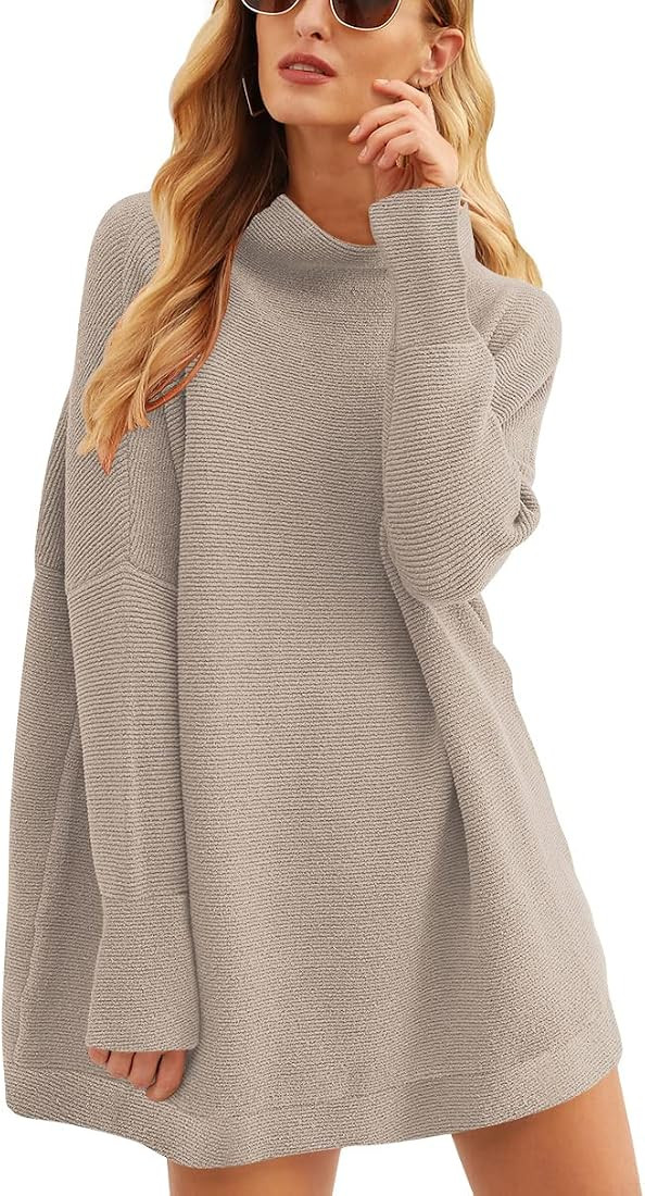 ANRABESS Women Casual Turtleneck Batwing Sleeve Slouchy Oversized Ribbed Knit Tunic Sweaters Pullove | Amazon (US)