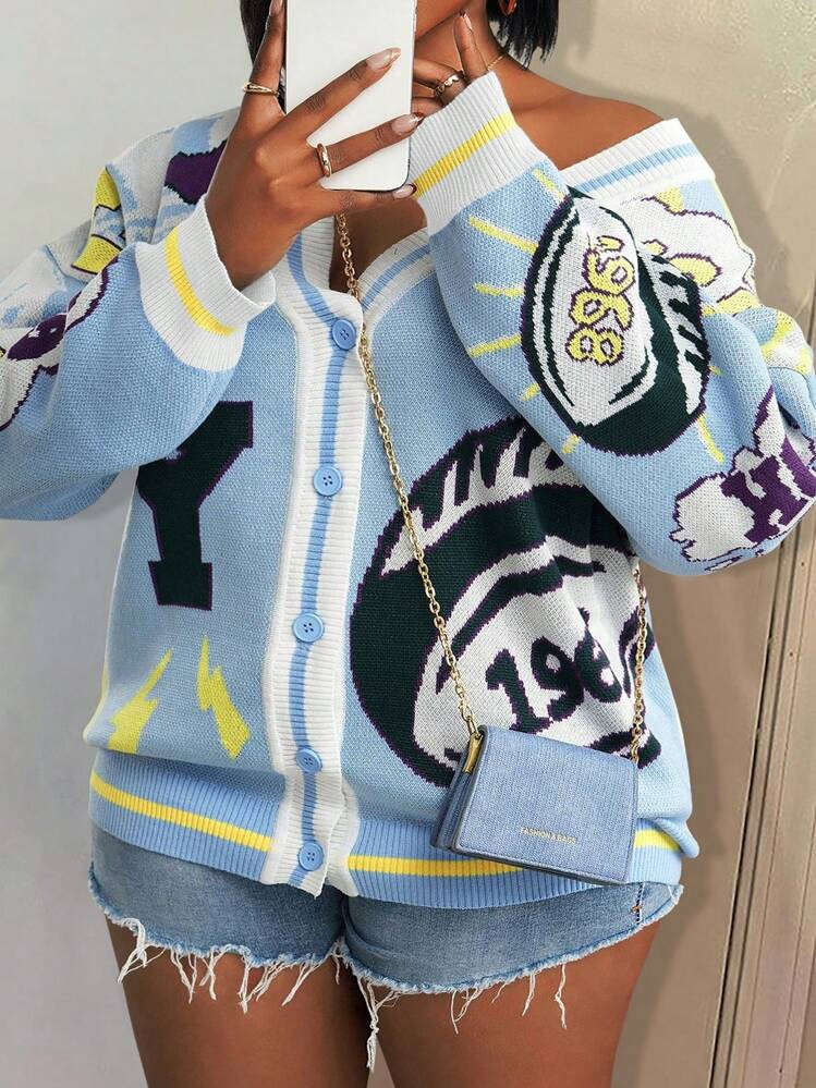 Slaydiva Loose V-Neck Long Sleeve Olive Green Graphic Plus Size Knitted Cardigan Sweater For Women, Casual/Street Style, Autumn/Winter, Plus Size | SHEIN