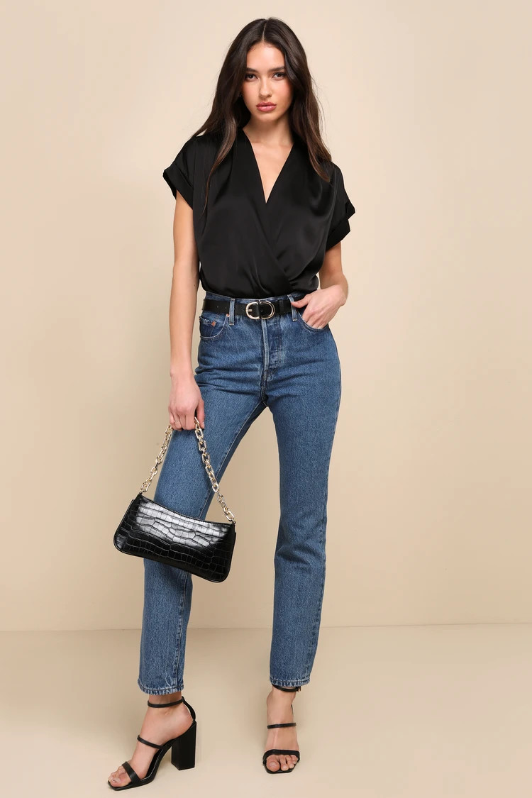 Posh Precision Black Satin Surplice Short Sleeve Bodysuit | Lulus