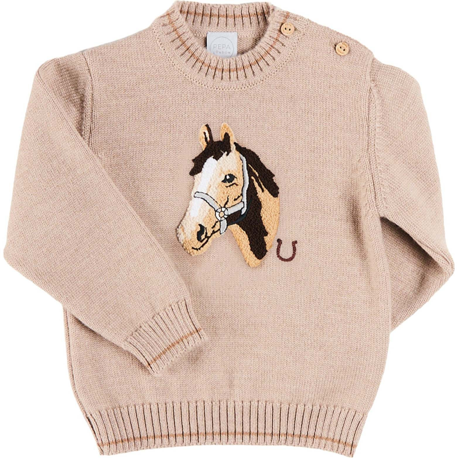 Horse Embroidered Button Detail Jumper, Beige | Maisonette