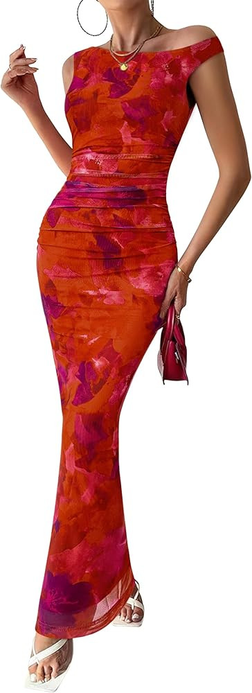 PRETTYGARDEN Women's 2025 Summer Floral One Shoulder Maxi Dress Wedding Guest Ruched Mesh Bodycon... | Amazon (US)