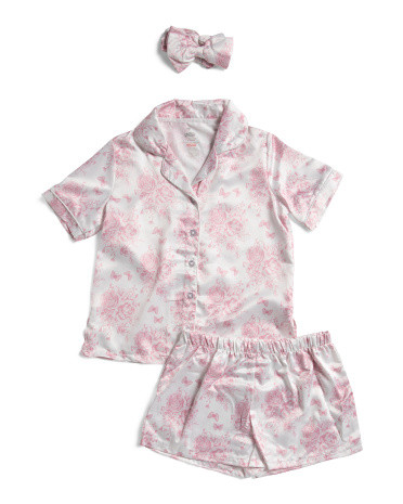 Girls Prima Satin Short Pajama Set With Headband | TJ Maxx