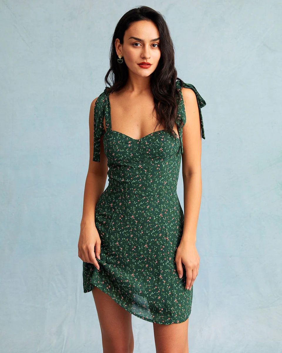 The Green Sweetheart Neck Floral Slip Mini Dress - Sweetheart Neckline Sleeveless Mini Dress - Gr... | rihoas.com