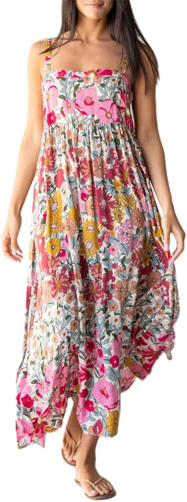 Women Smocked Maxi Long Dress Cute Print Sleeveless Spaghetti Strap Boho Flowy Dress Summer Beach... | Amazon (US)