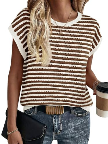 Saodimallsu Womens Short Sleeve Sweater Summer Striped Crochet Tops Casual Cap Sleeve Crewneck Kn... | Amazon (US)