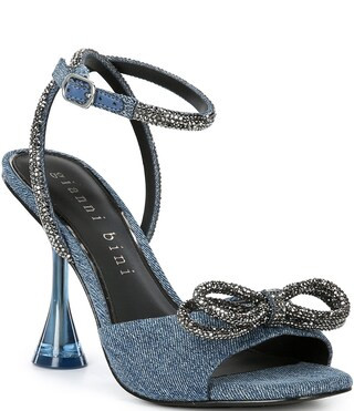 Haydn Denim Rhinestone Bow Ankle Strap Dress Heels | Dillard's