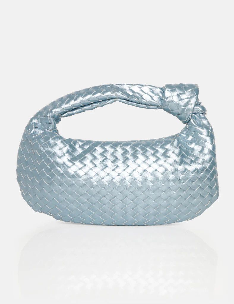 The Blame Metallic Silver Iridescent Woven PU Knot Detail Mini Grab Bag | Public Desire