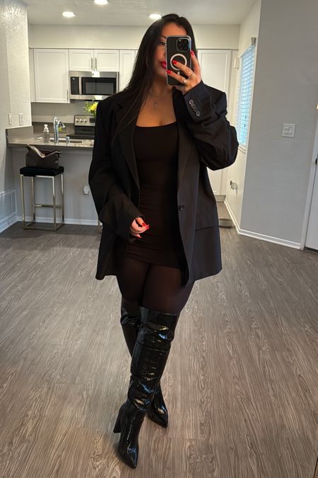 All black outfit 
Black blazer
Work outfit
Winter outfit 
Workwear 
For the office 
Office outfit 
Skims dress
Over the knee boots

#LTKworkwear #LTKSeasonal #LTKstyletip
