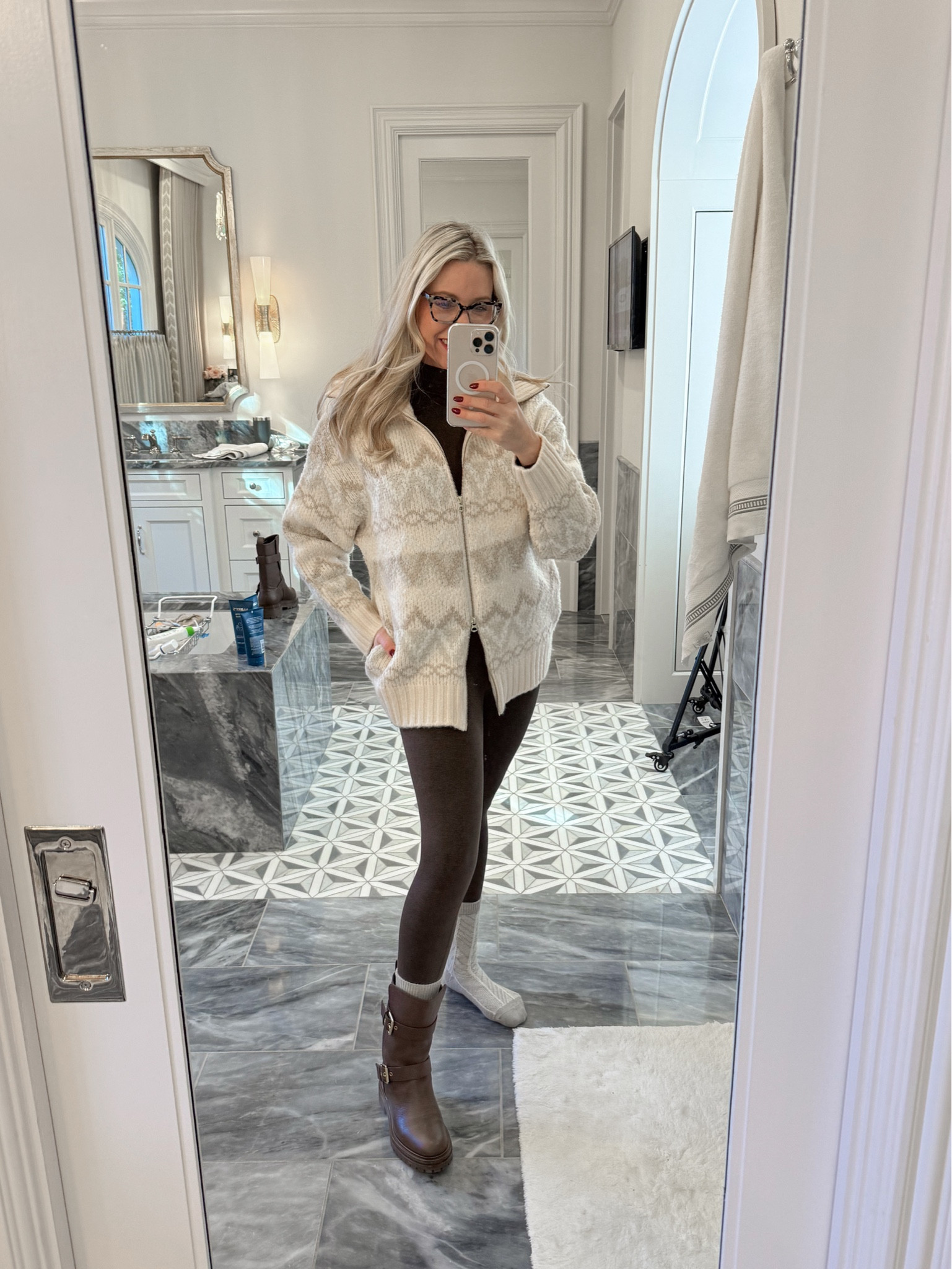 Fair Aisle sweater. Size up for extra cozy baggy fit. Brown leggings are so soft and warm - TTS. Brown biker boots make for casual cool vibe  

#LTKStyleTip #LTKShoeCrush #LTKSeasonal