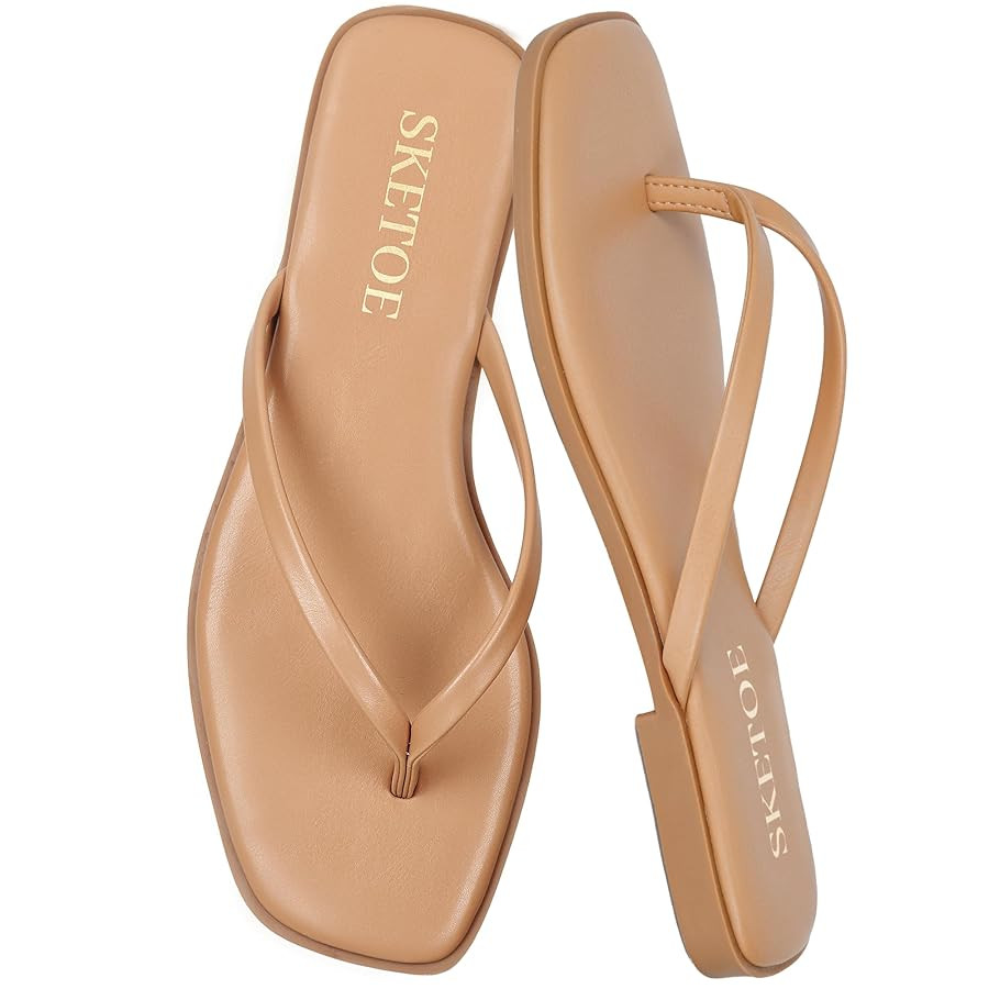 Flip Flops for Women Square Toe Flat Sandals for Women Comfortable Thong Sandals Vegan Leather Fl... | Amazon (US)