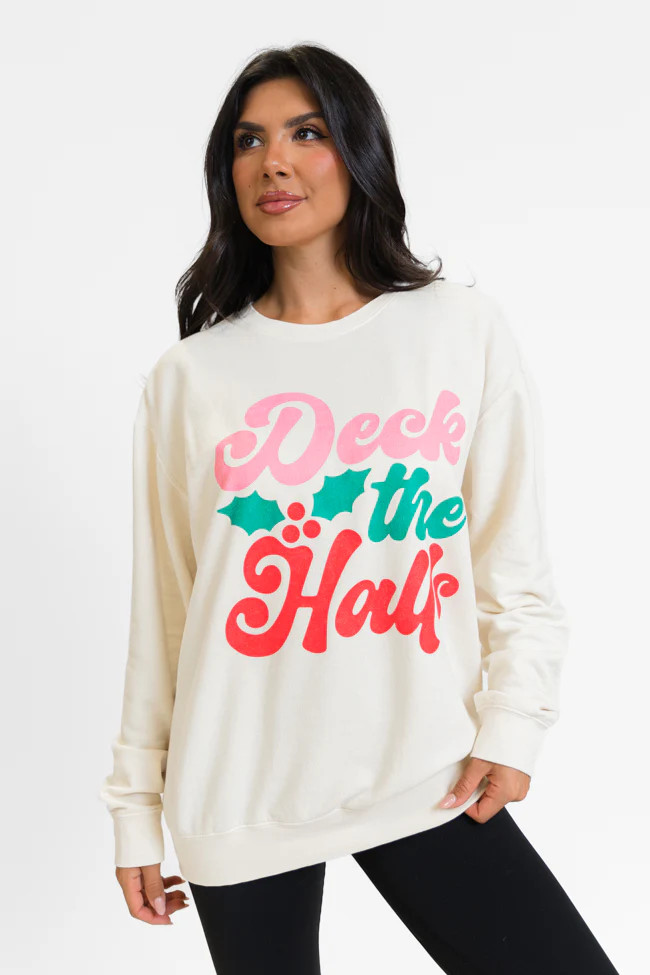 Deck The Halls Cream Oversized Graphic Sweatshirt | Pink Lily