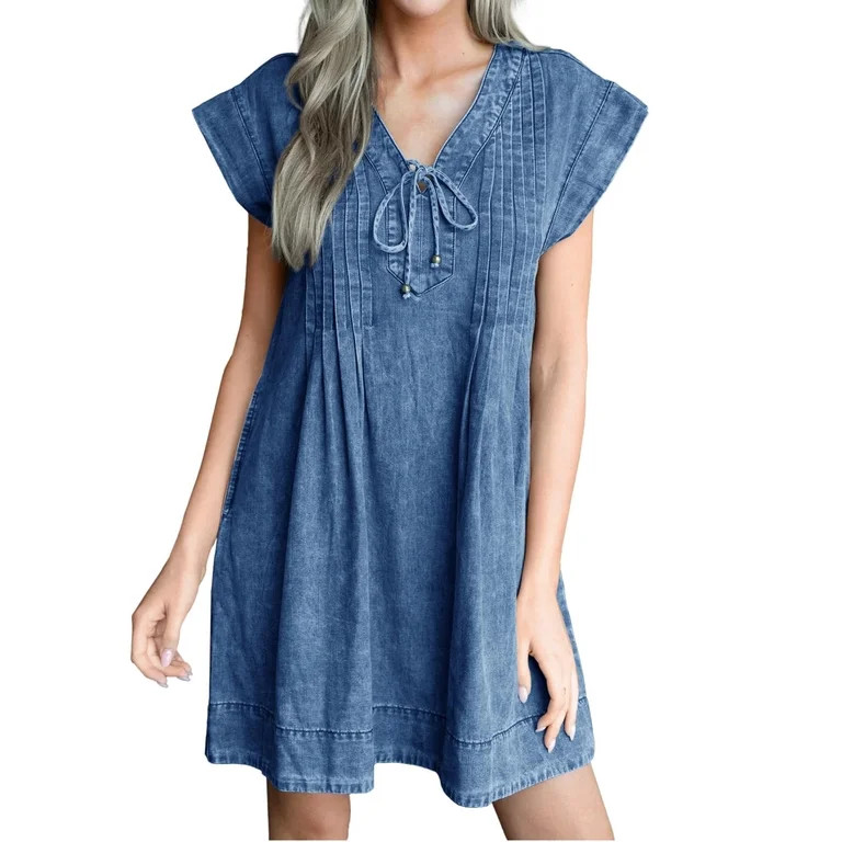 Summer Cap Sleeve Women Casual  Tie V Neck Loose Denim Mini Dress | Walmart (US)