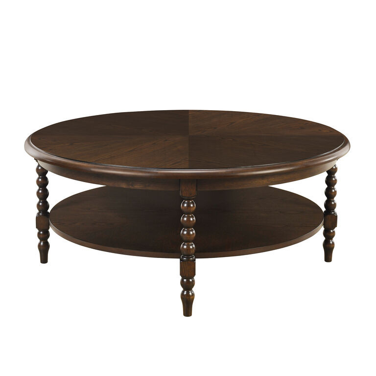 Naitee Round Dark Brown Wood Bobbin Coffee Table with Shelf | World Market