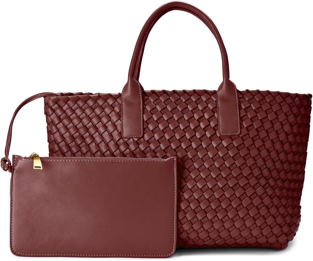 Woven leather tote bag for women, Large woven tote handbag, laptop tote, woven leather beach purs... | Amazon (US)