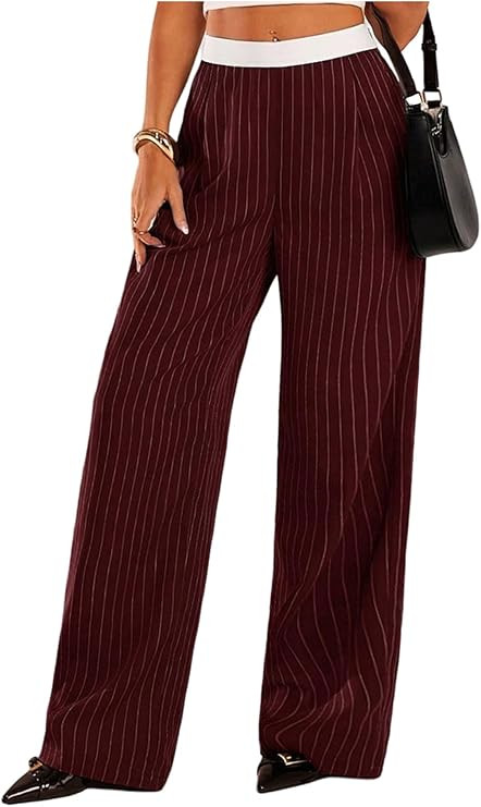 WDIRARA Women's Striped Straight Leg Pants Dressy Elastic Waist Long Trousers | Amazon (US)