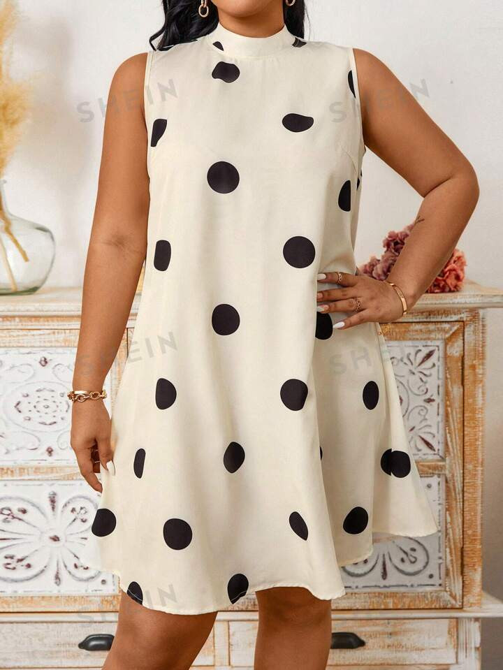 SHEIN Essnce Plus Size Women's Polka Dot Printed Sleeveless Dress | SHEIN