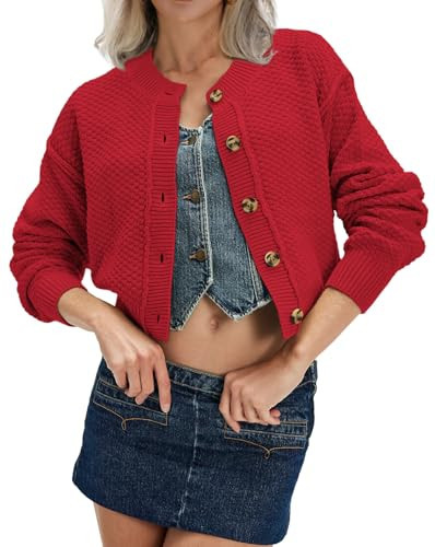 AGSEEM Cropped Cardigan for Women, Long Sleeve Crew Neck Red Sweater Cozy Jacket Ladies Sweaters Button Down Cardigan,XXL | Amazon (US)