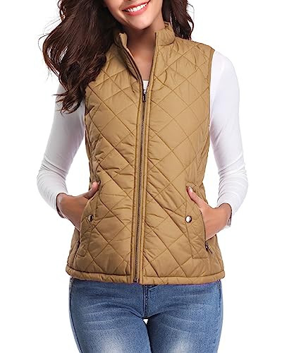 Fuinloth Women's Quilted Vest, Stand Collar Lightweight Zip Padded Gilet Camel M | Amazon (US)