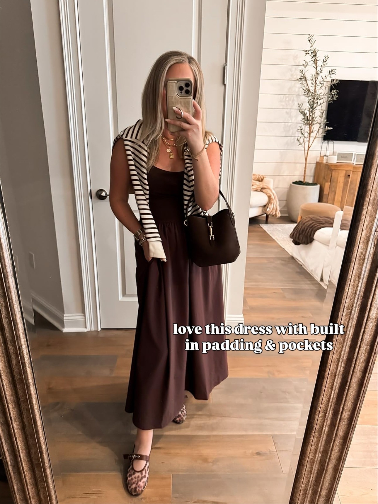 Chocolate brown fall dress from Amazon! Super comfy and has built-in bra and pockets. 🤎 Brown handbag, sweater dress, buckle crossbody bag, leopard ballet flats, Thankgiving dress, styled look, outfit inspo, fall fashion, fall look | Wearing size small  

 #LTKHoliday #LTKFindsUnder50 #LTKStyleTip