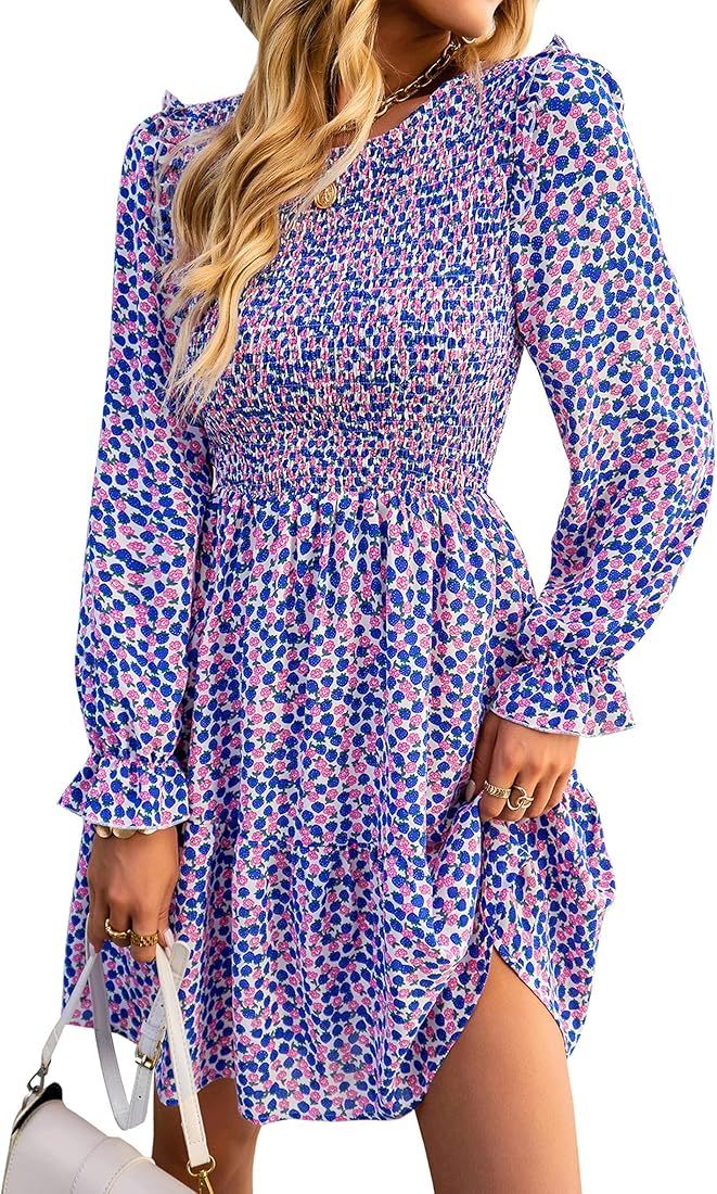 KIRUNDO Women’s Floral Print Ruffle Long Sleeve Mini Dress Crewneck Smocked High Waist A -Line ... | Amazon (US)