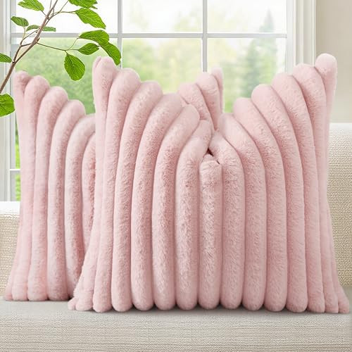 decorUhome Cozy Faux Fur Throw Pillow Covers 18x18 Set of 2 Decorative Soft Plush Striped Modern Farmhouse Boho Couch Pillow Cases with Velvet Back for Sofa Bed Living Room Valentines, Pink | Amazon (US)