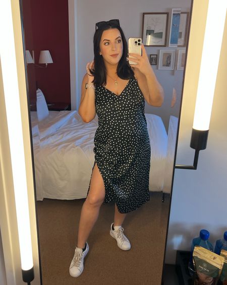 Comfortable midi length polka dot slip dress for travel & conventions! Comes in many colors and prints. I wear size XL. Paired with Stan Smith sneakers 

#LTKfindsunder50 #LTKmidsize #LTKtravel
