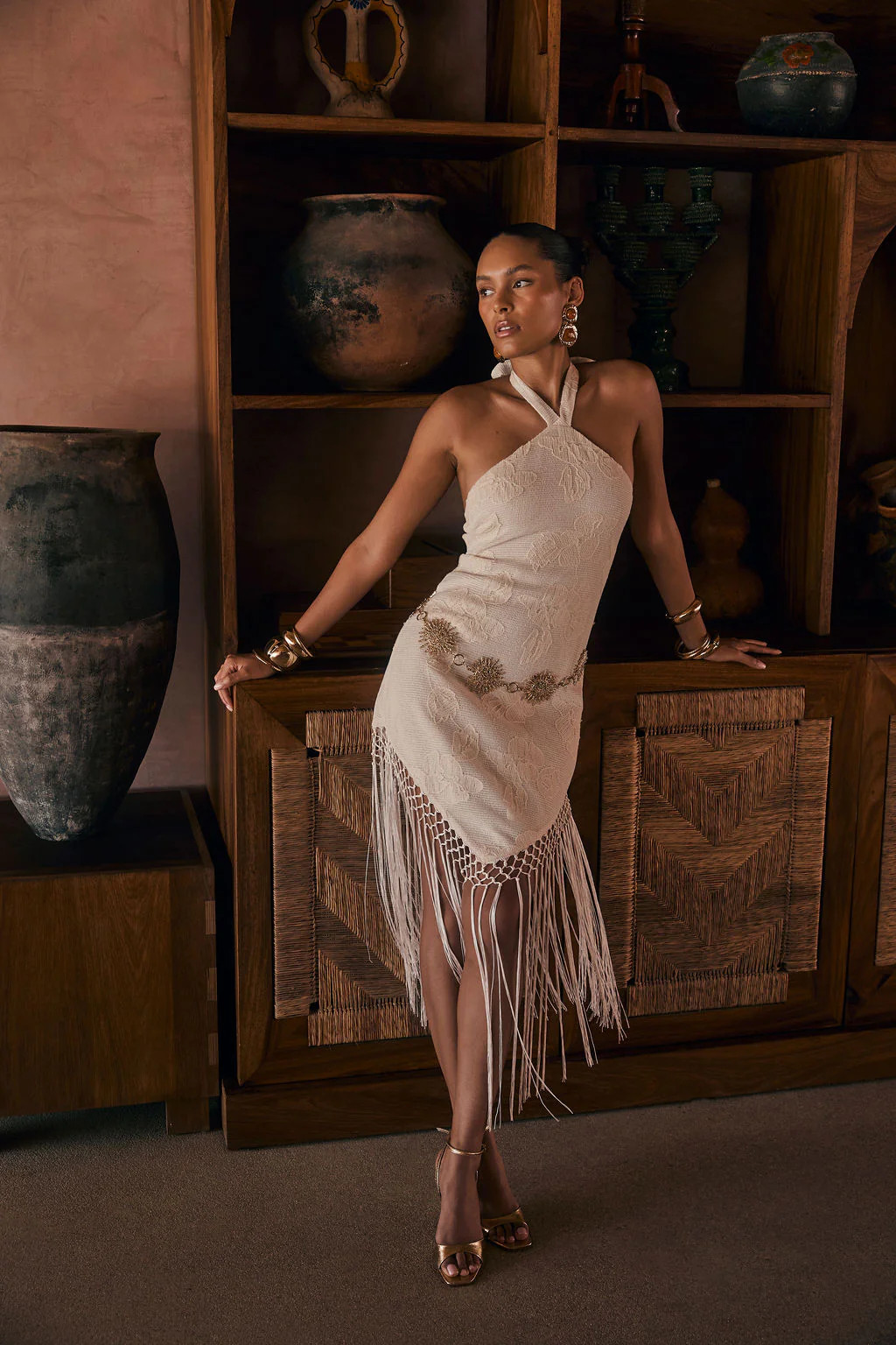 Fontaine Ivory Jacquard Fringe Midi Dress | 12th Tribe | 12th Tribe