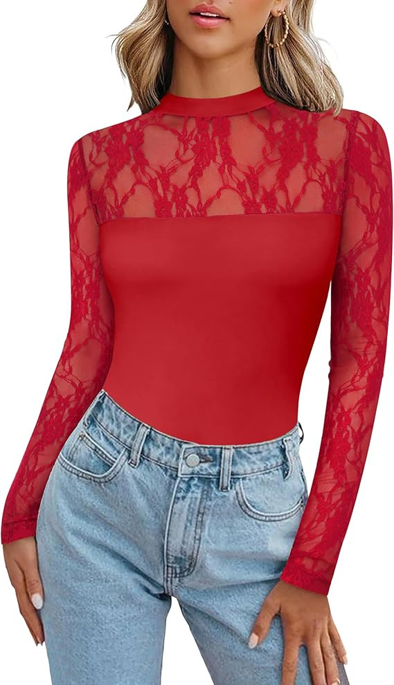 Zeagoo Long Sleeve Shirts for Women's Lace Tops Mesh Sheer Crew Neck Shirts Sexy Fall Going Out B... | Amazon (US)