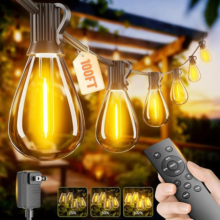 100FT LED Outdoor String Lights with Remote, One Continuous Strand Patio Lights with 35+1 Shatter... | Amazon (US)