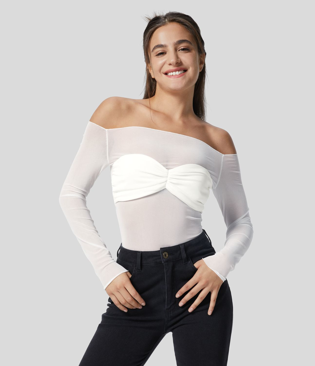 Women’s Sheer Mesh Off Shoulder Chest Ruched Party Top - Halara | HALARA